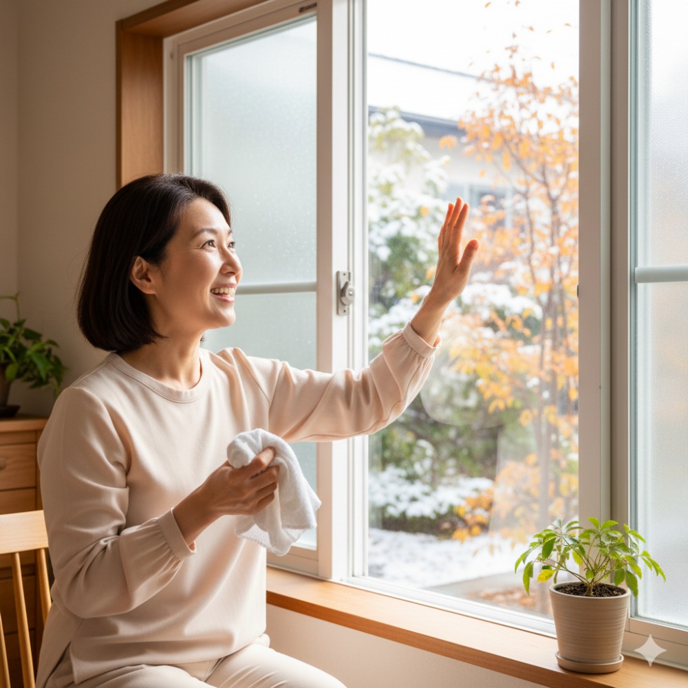 結露の悩みから解放されて喜ぶ女性のイメージ写真