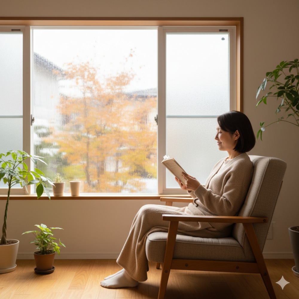 明るい陽が入る窓際で本を読む女性